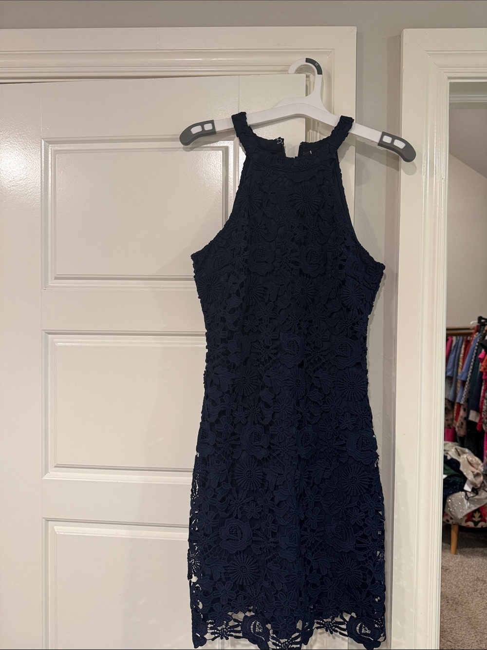 Lulu's Navy Crochet Halter Mini Dress